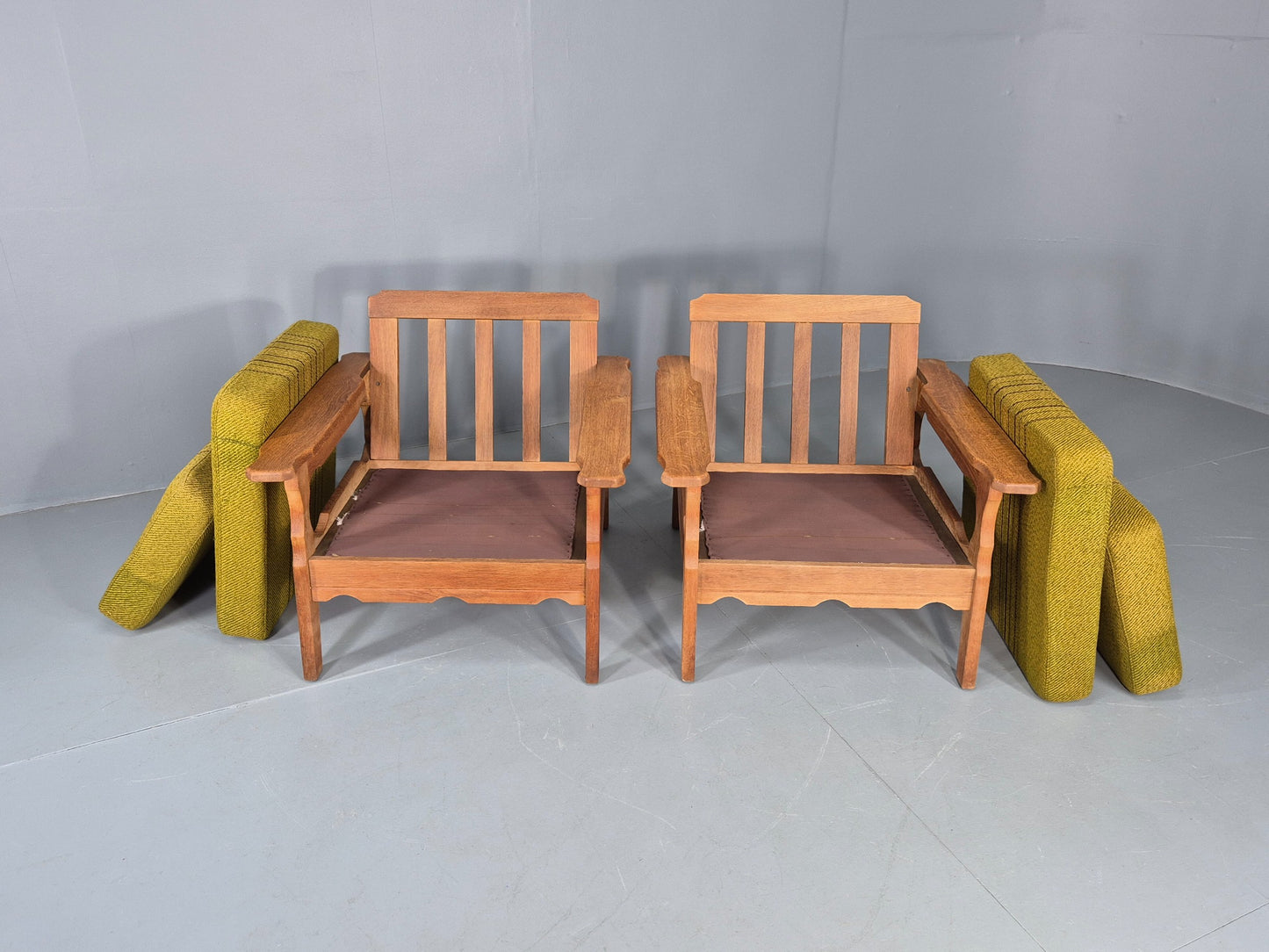 2 Vintage Lounge Chairs 1970s Danish Kjaernulf Oak Frames Green Cushions EB12780