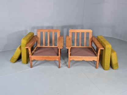 2 Vintage Lounge Chairs 1970s Danish Kjaernulf Oak Frames Green Cushions EB12780