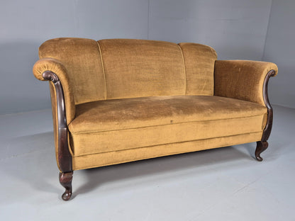 Antique 1920s Danish Sofa Mustard Velour Cabriole Legs EB09017