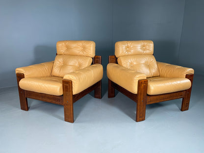 2 Vintage Ekornes Lounge Chairs Caramel Leather 1980s Retro MCM EB06937