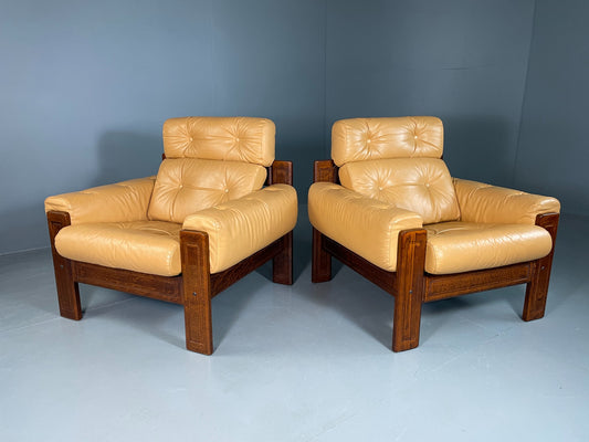 2 Vintage Ekornes Lounge Chairs Caramel Leather 1980s Retro MCM EB06937