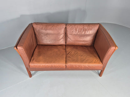 Vintage 2 Seater Sofa Danish Brown Leather Wood Ends Retro 1980s EB8349 M2SS