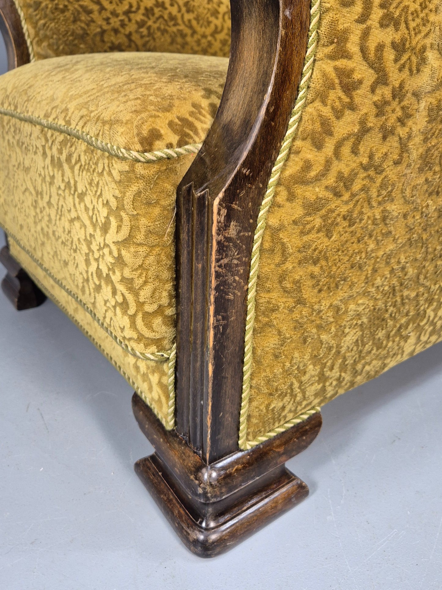 Antique Danish floral Mustard Colour Armchair 1920s Wood Frame EB08975