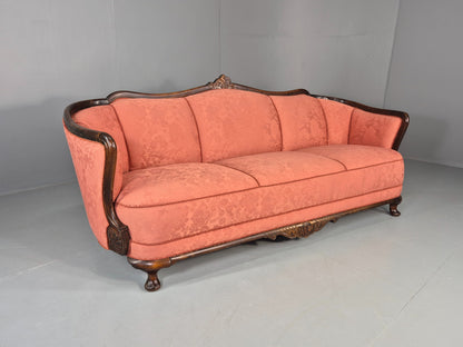 Vintage Danish Art Deco 3 Seater Sofa Carved Hardwood Frame Pink Damask EB12742