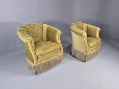 Pair Art Deco Tub Chairs Danish Design 1950s Green Velour Tassels Retro EB12715