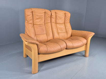 Vintage Stressless Windsor 2 seater Sofa Tan Leather Blonde Wood Frame Eb12590