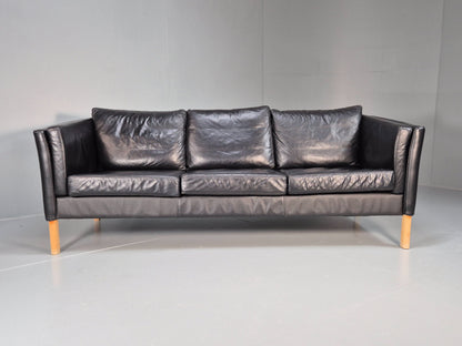 Vintage 3 Seater Sofa Black Leather and Vinyl 1980s Retro EB08616
