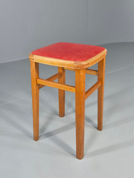 Vintage Kitchen Stool 1960s Retro Red Vinyl and Beech EB12531