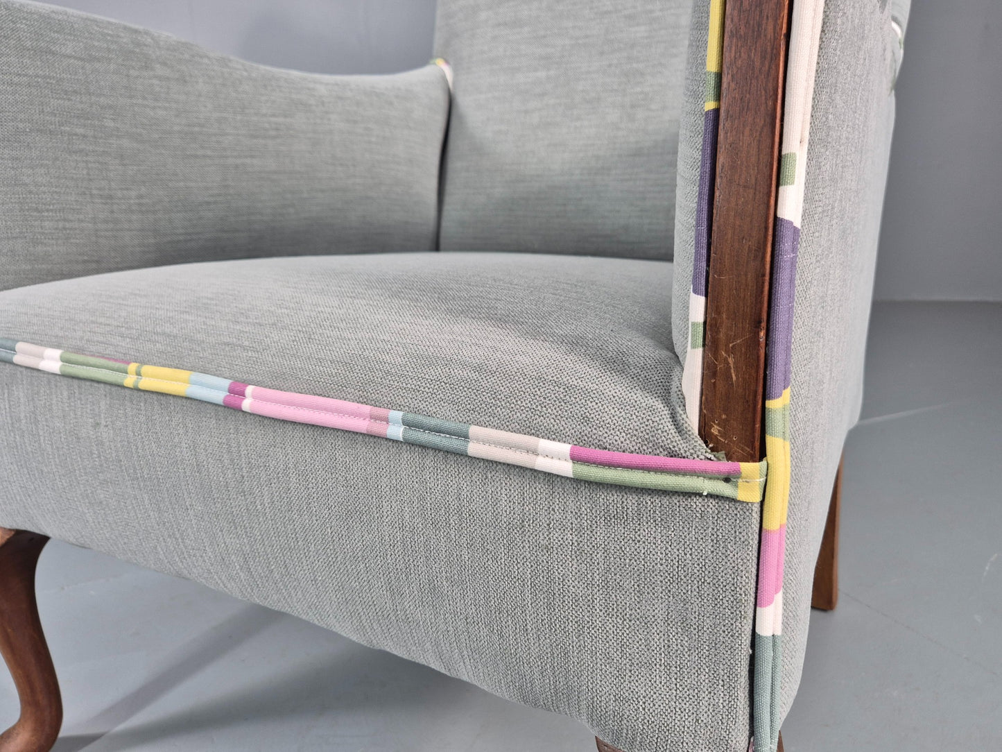 Vintage 1920s Armchair Reupholstered in Grey Green with Colour Accent EB11824