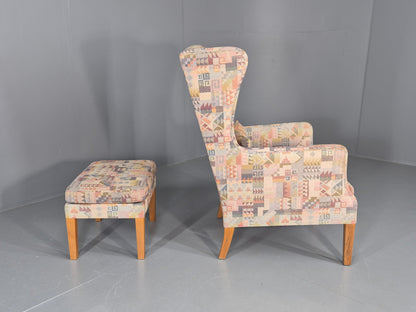 Vintage Danish Wing back Armchair and Stool 1980s Retro MCM EB12139