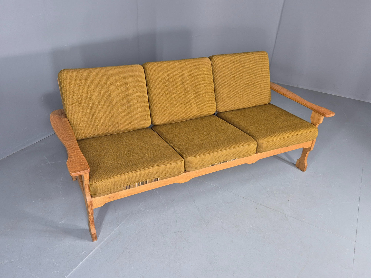 Vintage Danish 3 seater Sofa Oak Kjaenulf Green Cushions 1970s Retro EB12776