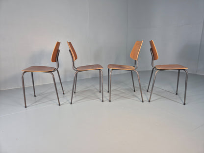 4 Vintage Danish Industrial Steel and Ply Stacking Chair 1960s Retro EB12655