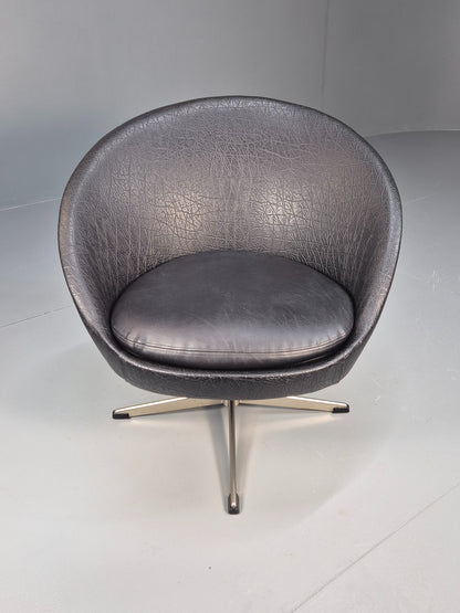 Vintage Mid Century Swivel Lounge Chair Black Vinyl 1970s Retro EB8790