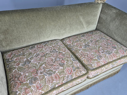 Vintage Danish Knole Sofa 2 Seater Green Velour Floral Cream Cushions EB12770