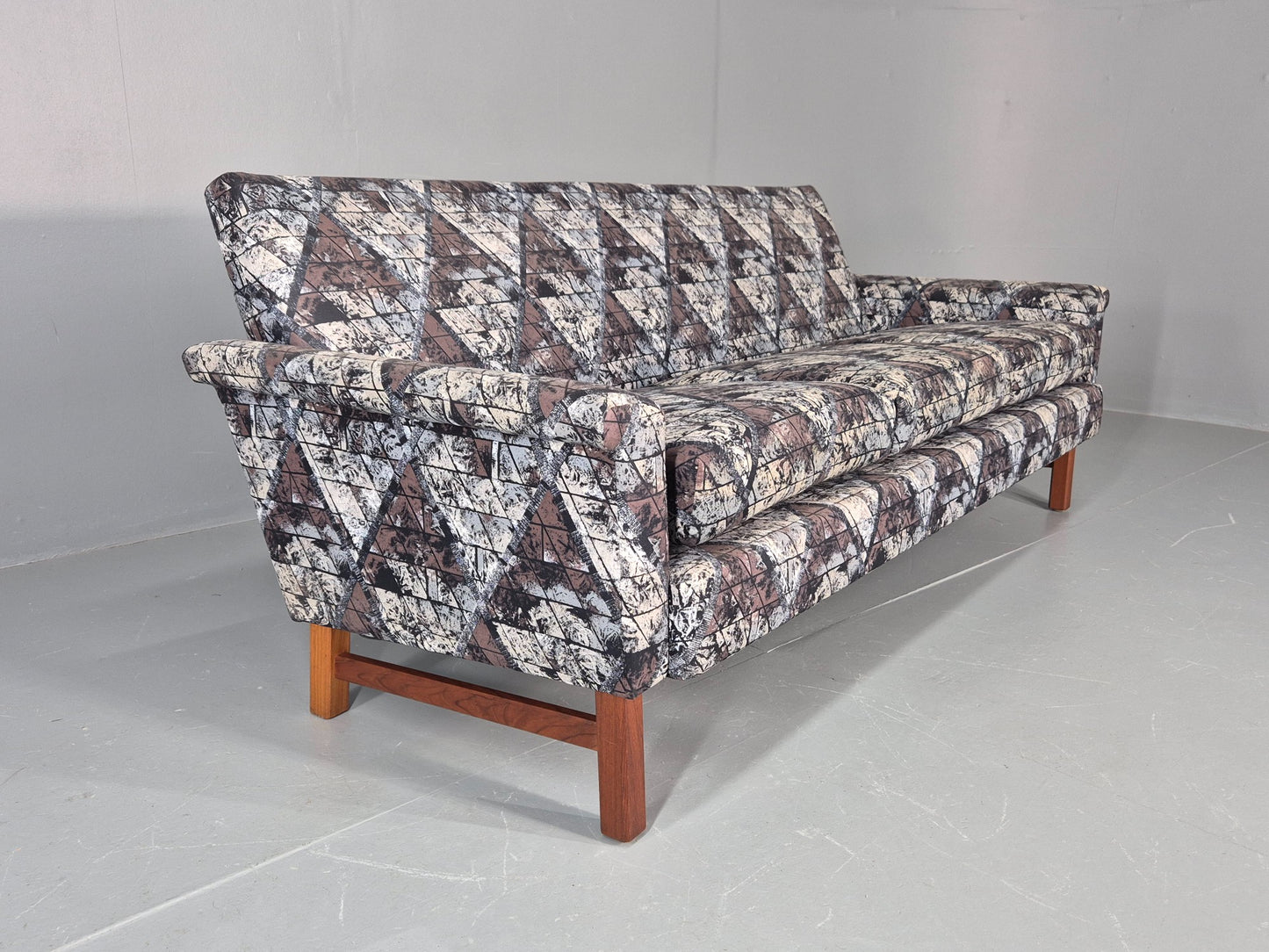 Vintage Mid Century Modern 3 Seater Sofa Swedish Abstract Fabric 1960s EB11077