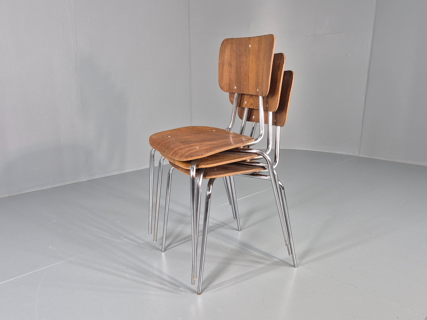 3 Vintage Danish Stacking Industrial Chairs Teak and Steel Retro 1960s EB12404