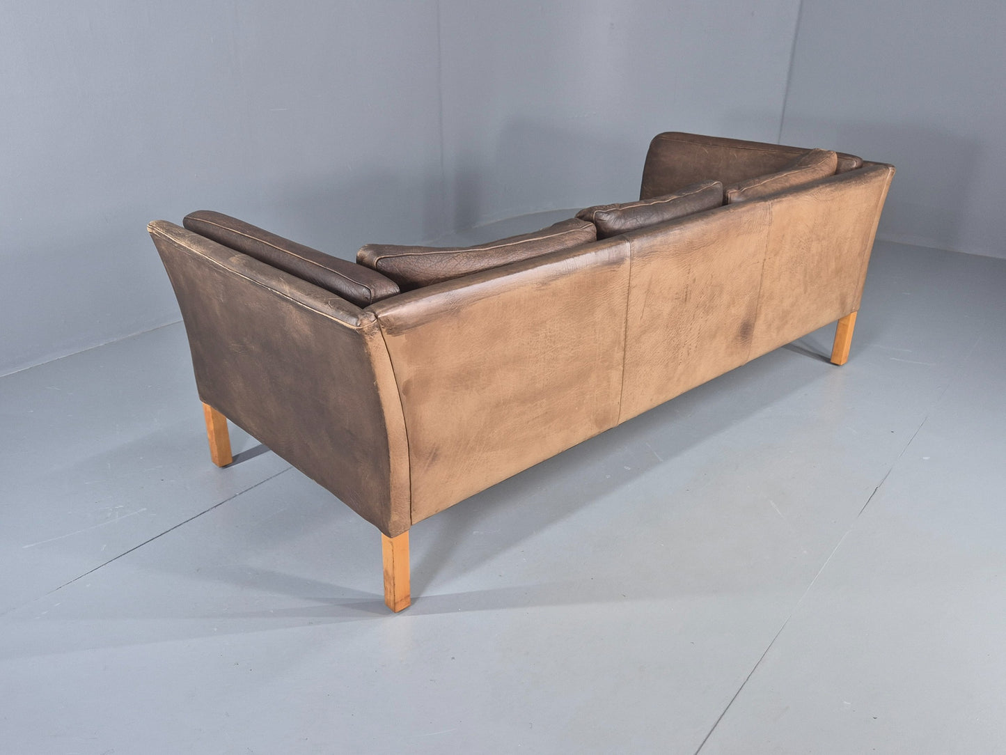 Vintage Danish 3 Seater Sofa 1970s Brown Leather Patinated Retro MCM EB12412