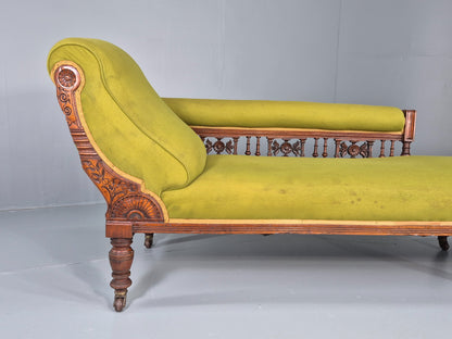 Edwardian Antique Chaise Lounge Green Velvet Velour Oak Frame  EB12458