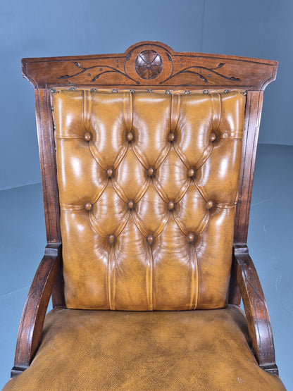 Antique Library Chair Deep Buttoned Tan Leather Oak Frame 1900s EB11657