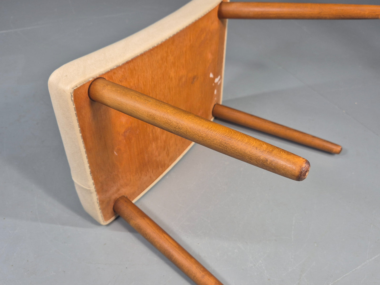 Vintage Mid Century Footstool Danish Cream Vinyl Beech Legs 1960s Retro 12052