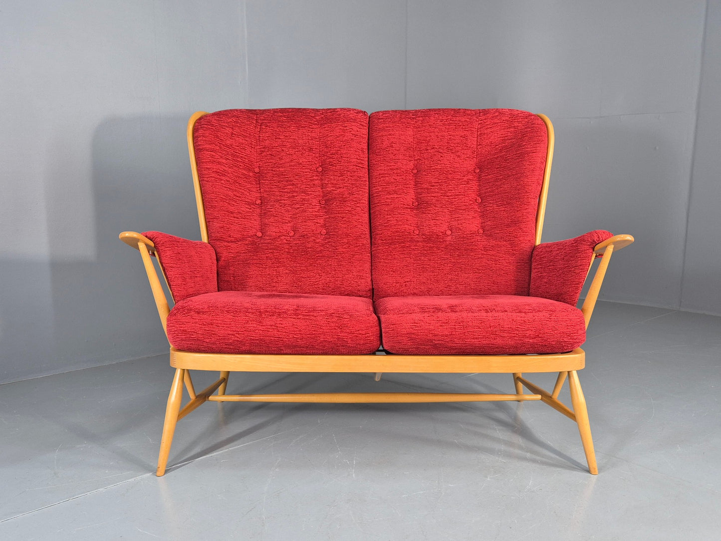 Vintage Ercol Evergreen 2 seater Sofa Red Chenille Upholstery  EB12860