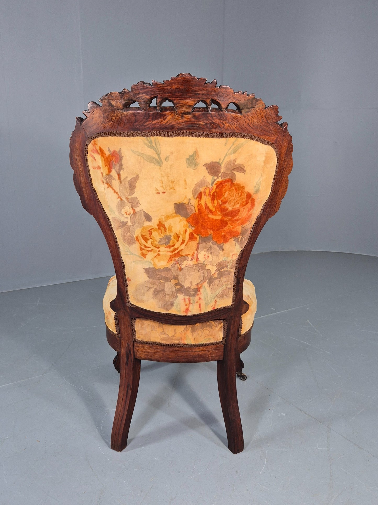 Antique Mahogany Baloon Back Armless Chair Floral Cotton Upholstery EB12793