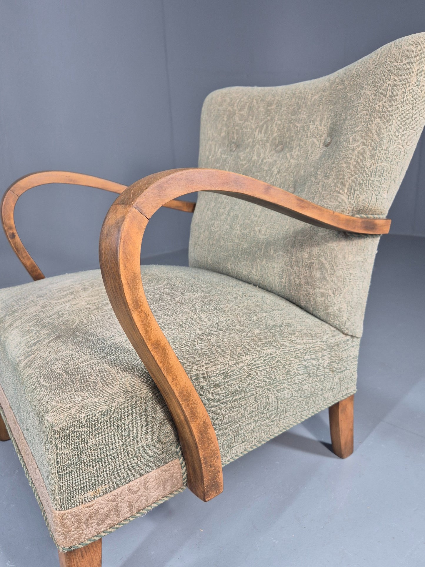 Vintage Art Deco Danish Armchair Beech Frames Original Upholstery EB11956