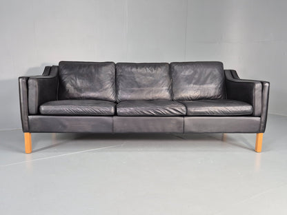 Vintage Danish 3 Seat Sofa Black Leather Danish  Mogensen 1980s Retro EB12406