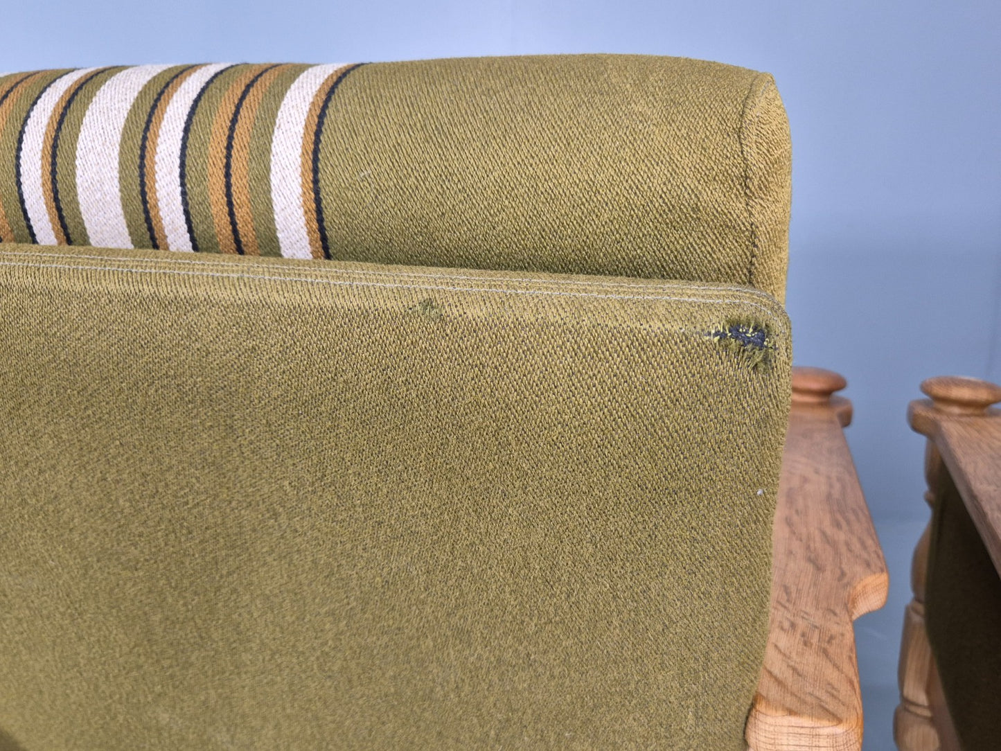2 vintage Kjaernulf Armchairs with footstool Oak and Green Retro 1970s EB12778