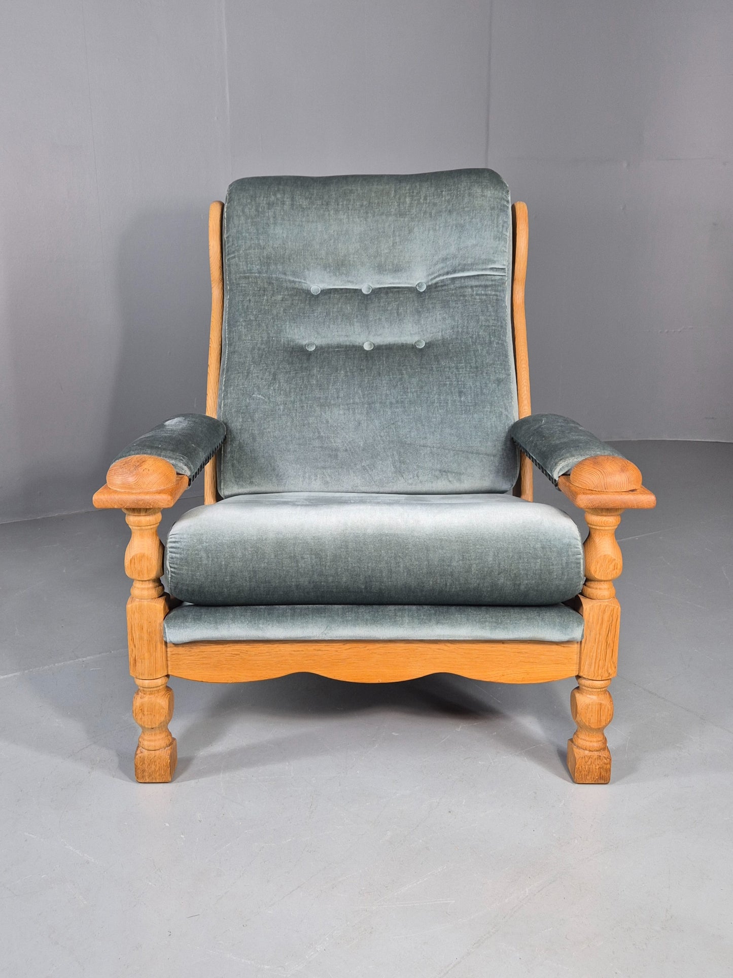 Vintage Danish 1970s Oak Lounge Chair Blue Velour Upholstery Retro EB12709