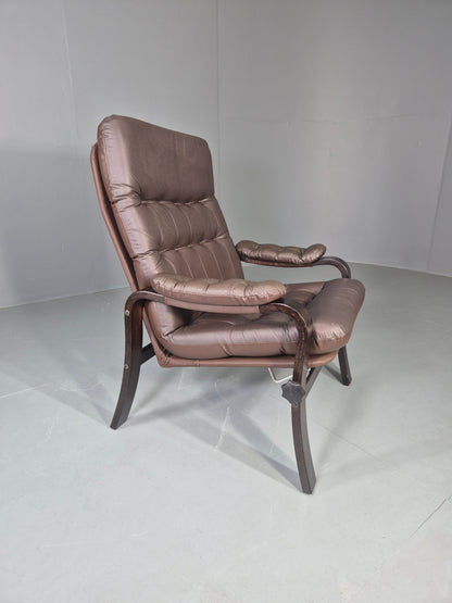 Vintage Danish Lounge Chair Reclining Bentwood Frame Leather Upholstery EB13084