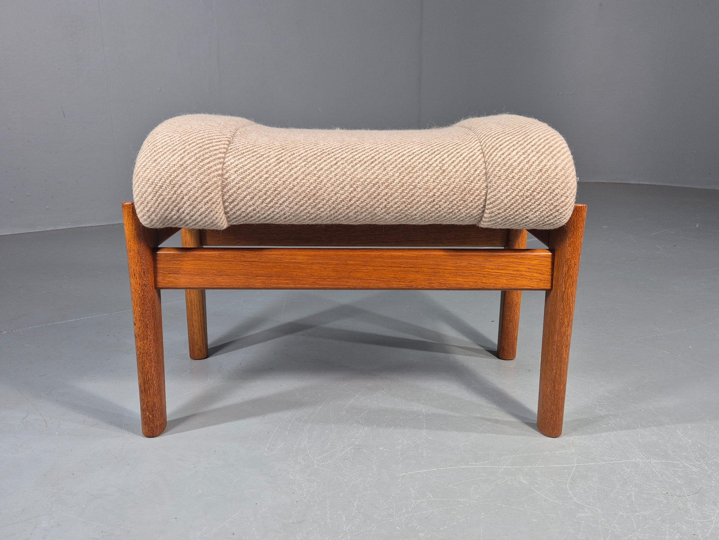 Vintage Mid Century Danish Footstool Teak Cream wool 1970s Retro EB12046