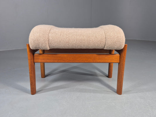 Vintage Mid Century Danish Footstool Teak Cream wool 1970s Retro EB12046