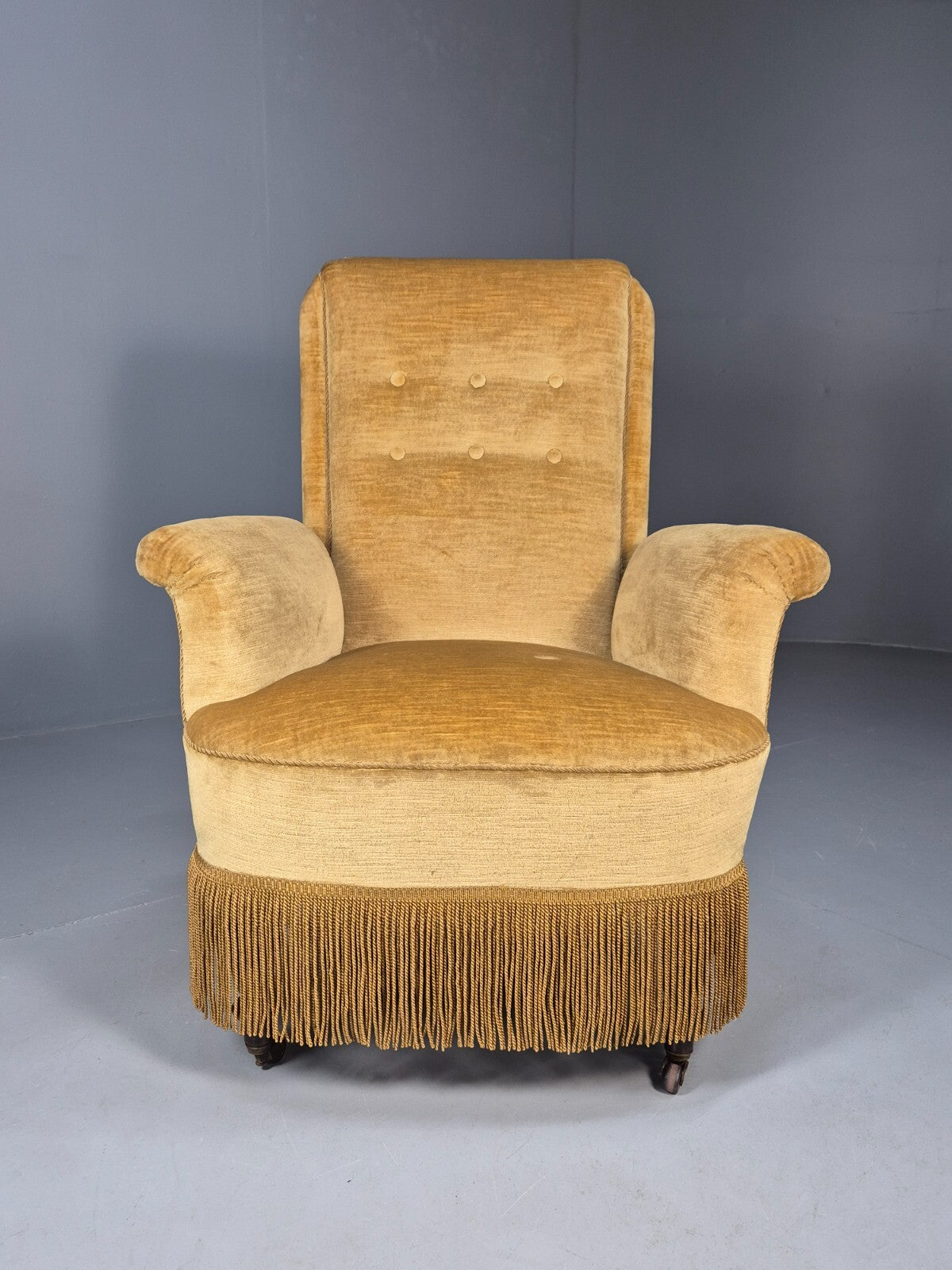 Vintage Gold Velour Danish Armchair 1920s Tassels High Back EB9635 VCLO