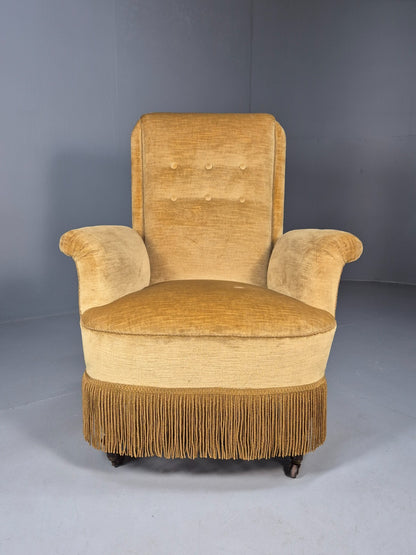Vintage Gold Velour Danish Armchair 1920s Tassels High Back EB9635 VCLO