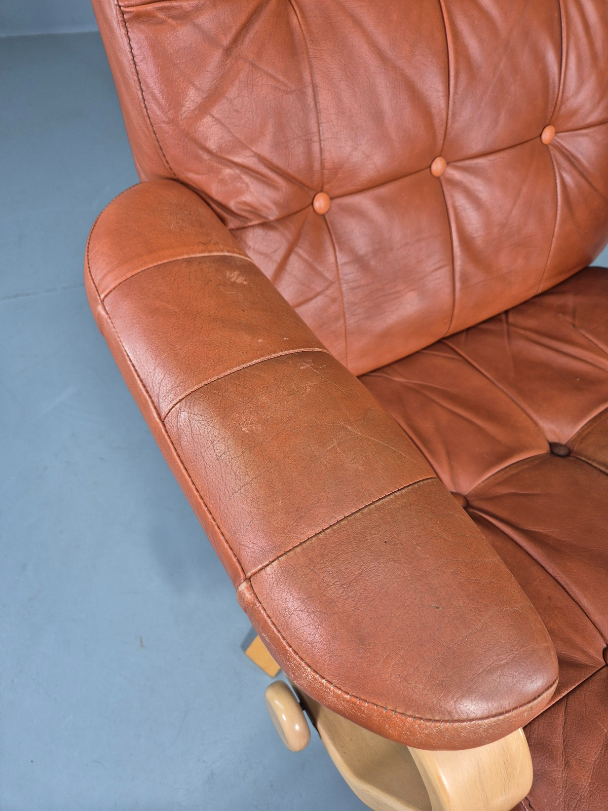 Vintage Danish Lounge Chair Tan Leather swivel and Recline 1970s Retro EB13092