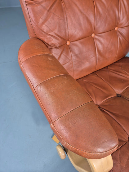 Vintage Danish Lounge Chair Tan Leather swivel and Recline 1970s Retro EB13092