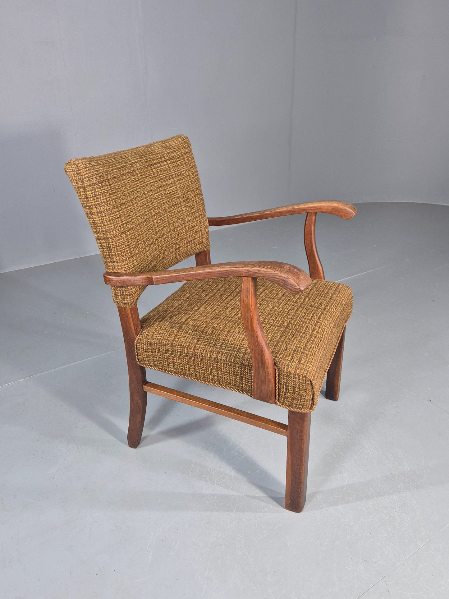 Vintage Elbow Chair 1950s Danish Oak Frame Green Wool Upholstery EB12004
