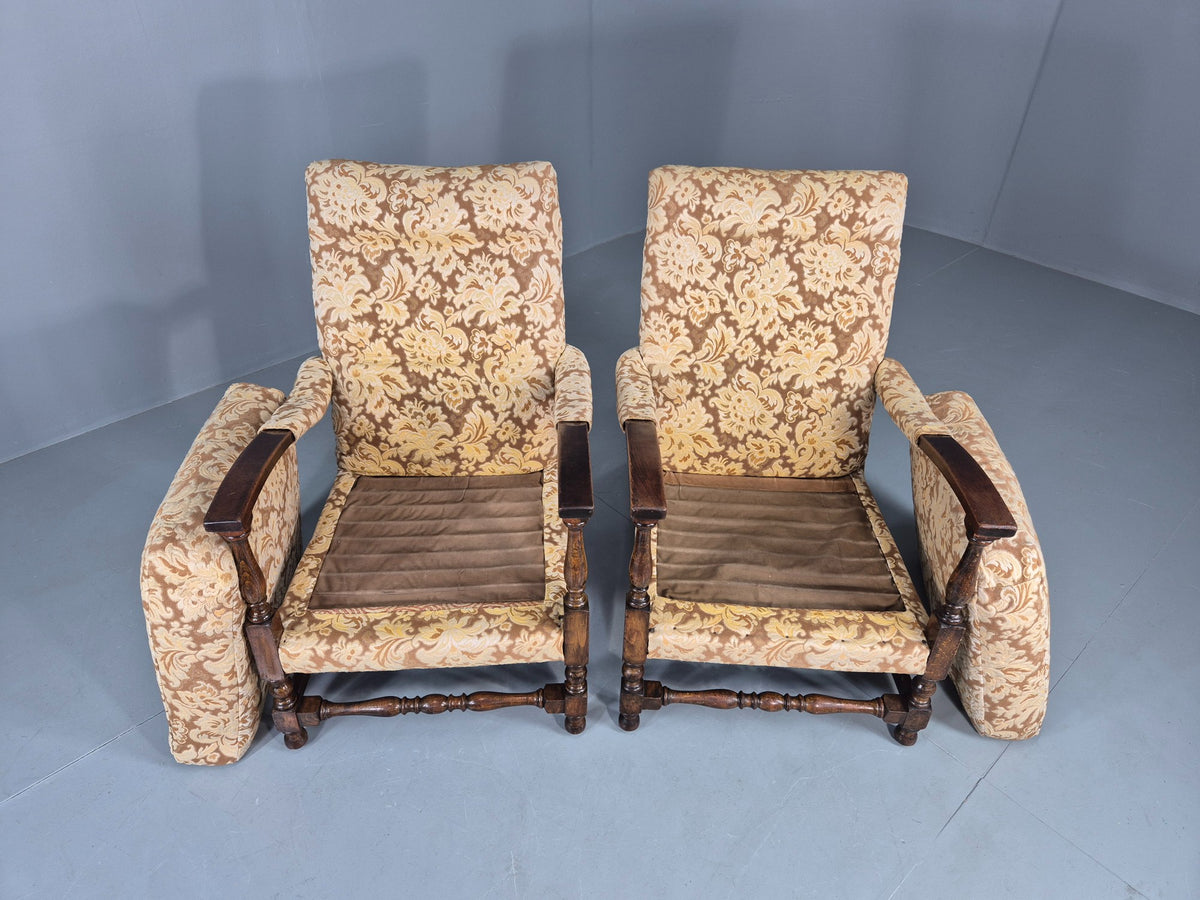 2 Utility Era Open Armed Lounge Chairs Wood Frames Floral Moquette 1940s EB12915