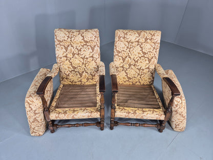 2 Utility Era Open Armed Lounge Chairs Wood Frames Floral Moquette 1940s EB12915