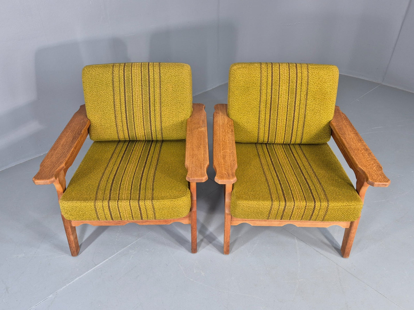 2 Vintage Lounge Chairs 1970s Danish Kjaernulf Oak Frames Green Cushions EB12780