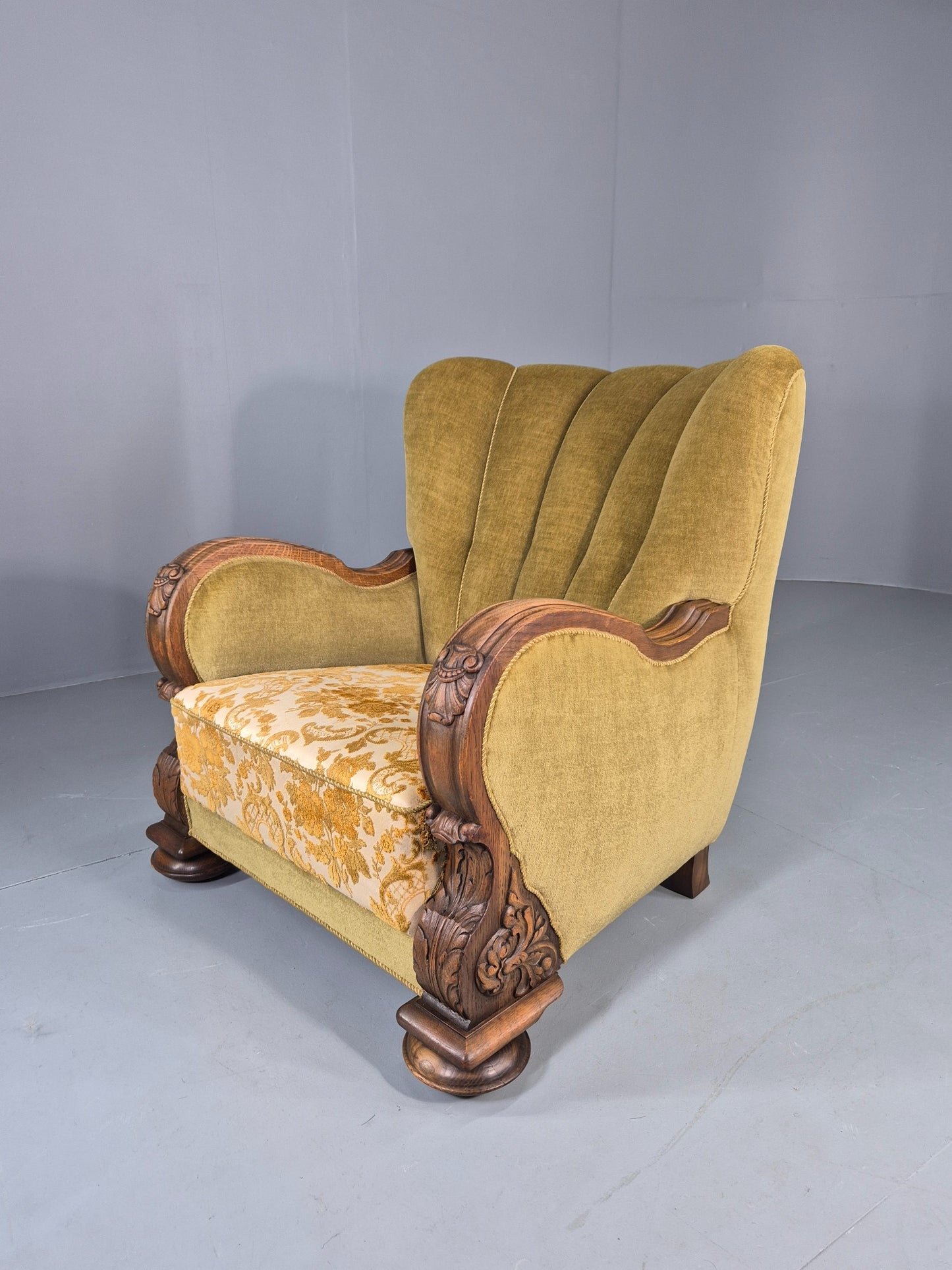 Vintage Danish Art Deco Lounge Chair Carved Oak Frame 1940s Green Floral EB12837