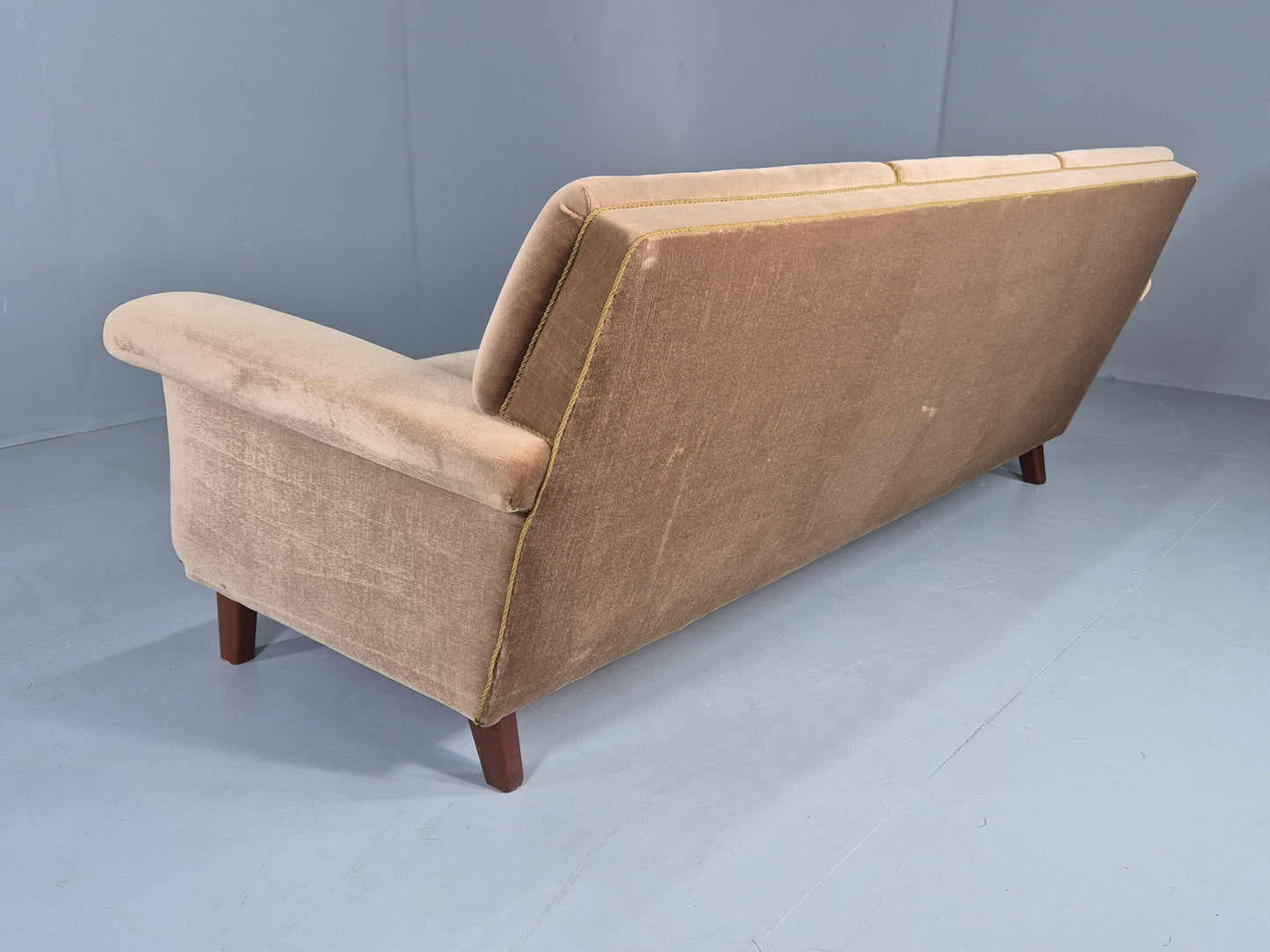 Vintage 3 Seater Sofa Mid Century Danish Green Velour Upholstery 1960s  EB12759
