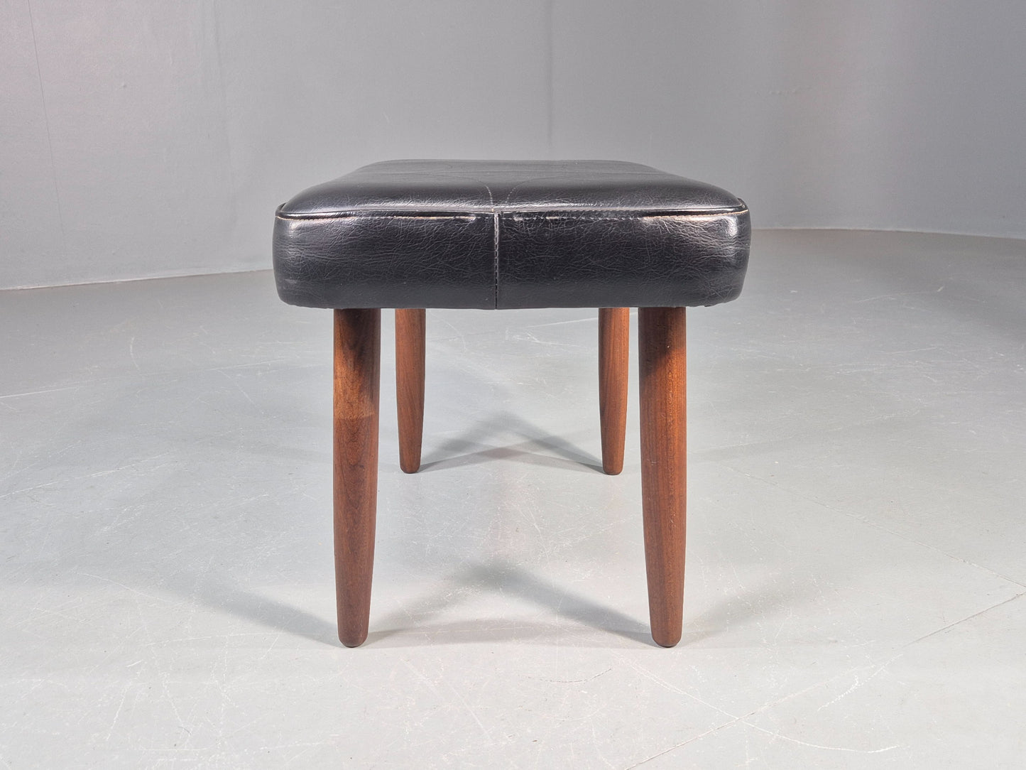 Vintage Danish Mid Century Footstool Black Vinyl Teak Legs Retro 1960s EB12156