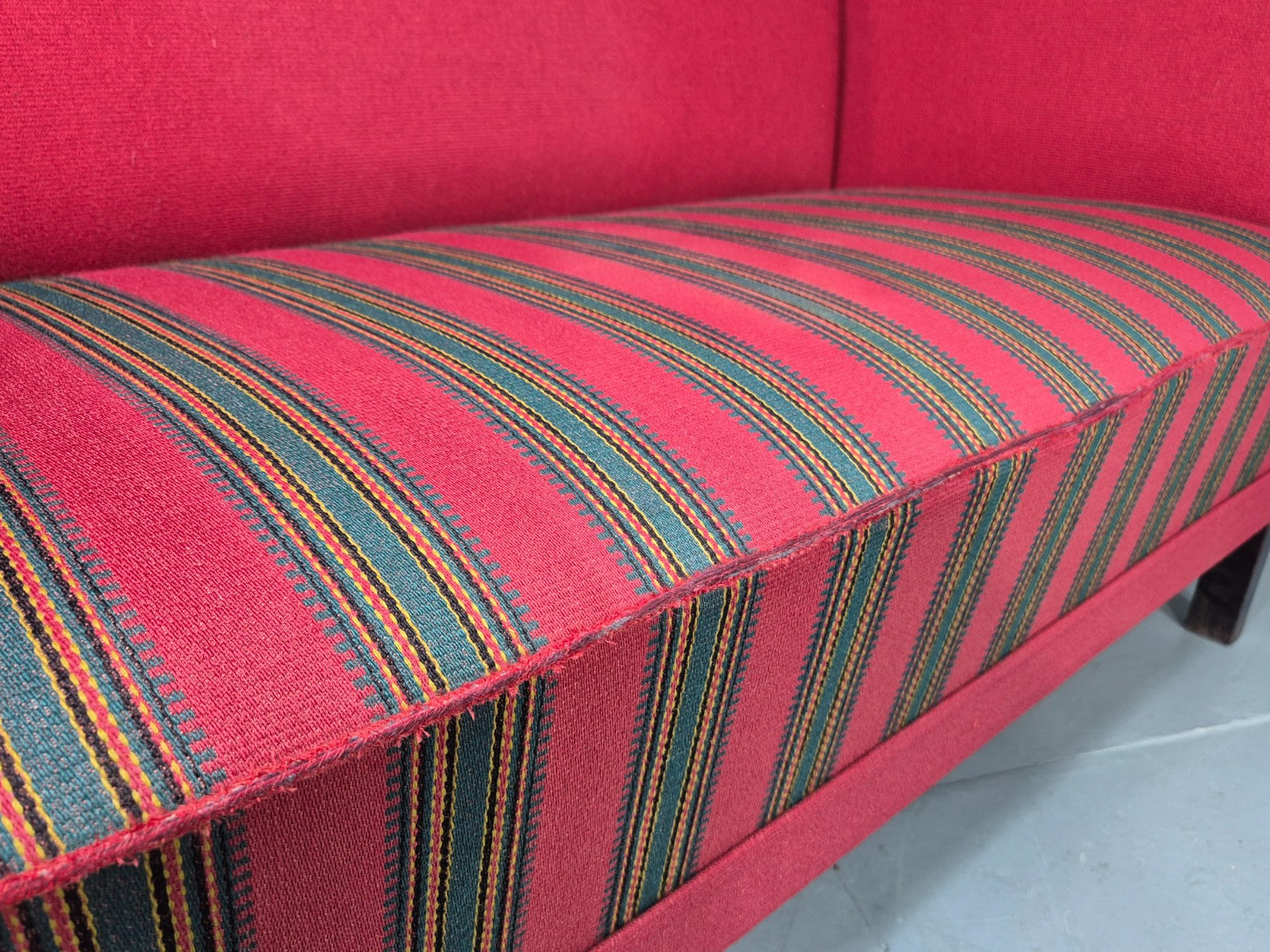 Vintage Danish 2 Seat Sofa Red Stripe Wool 1950s Retro Mid Century EB12735