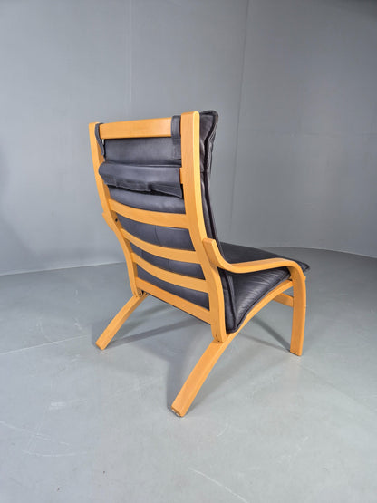 Vintage Danish Lounge Chair Bent Wood Frame Black Leather Cushion 1980s EB13077