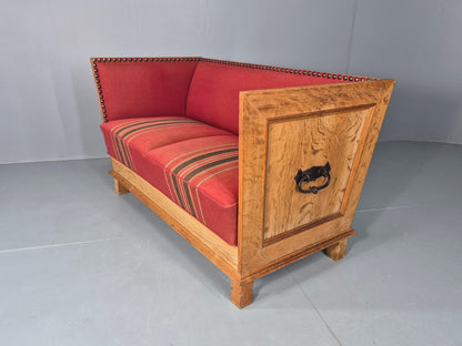 Vintage Danish 2 Seater Sofa Oak Framed Red Stripe Cloth 1970s Retro EB12755