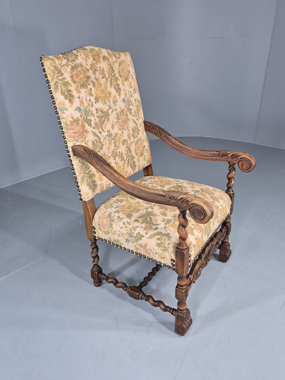 Vintage Baroque Style Armchair Carved Oak Frame 1950s Danish Antique EB12700