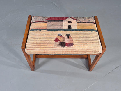 Vintage Mid Century Foot Stool Folk Art Wool Upholstery 1960s EB12006