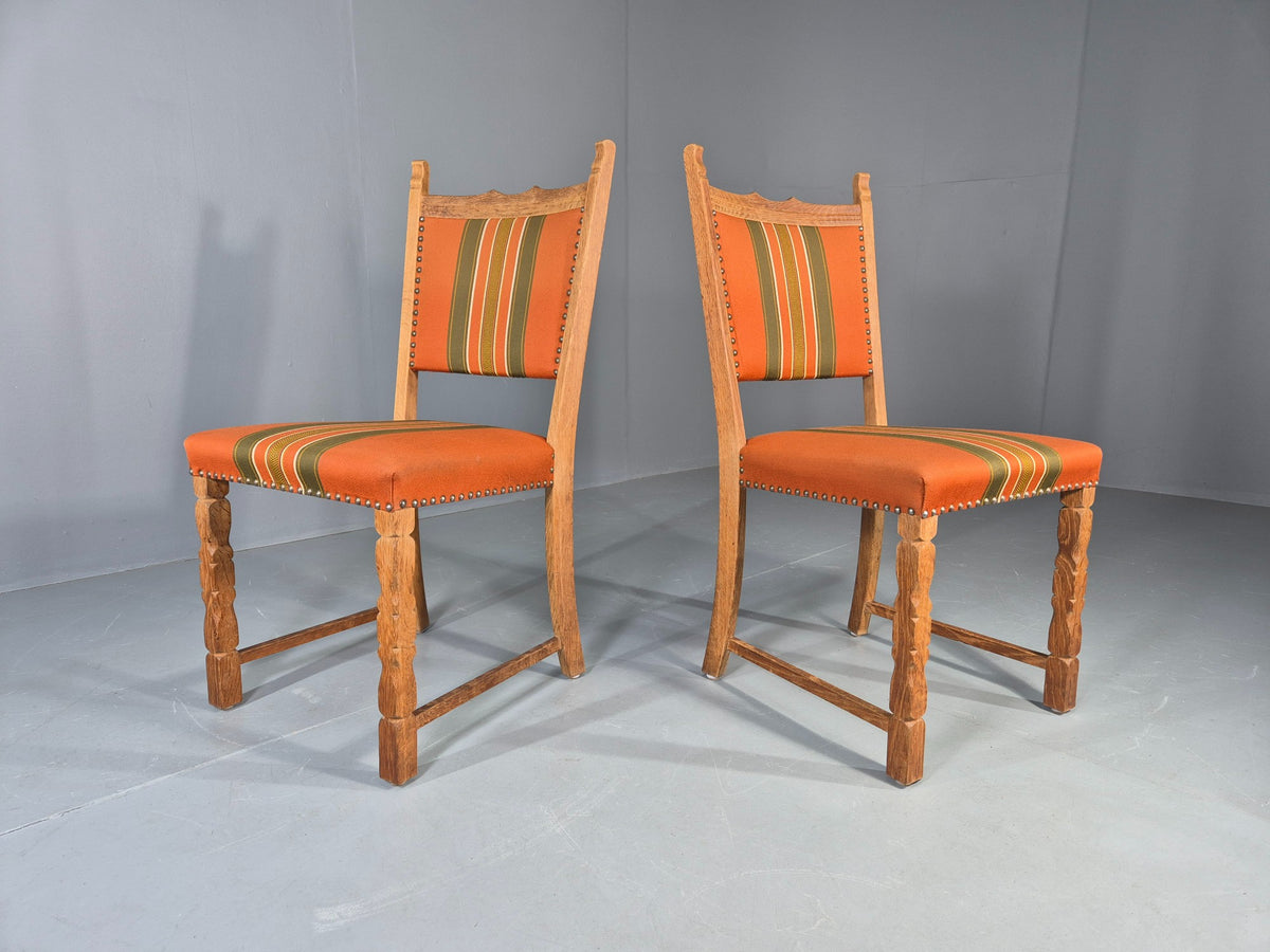 2 Vintage Dining Chairs 1970s Danish Kjaernulf Style Orange Wool Striped EB13075